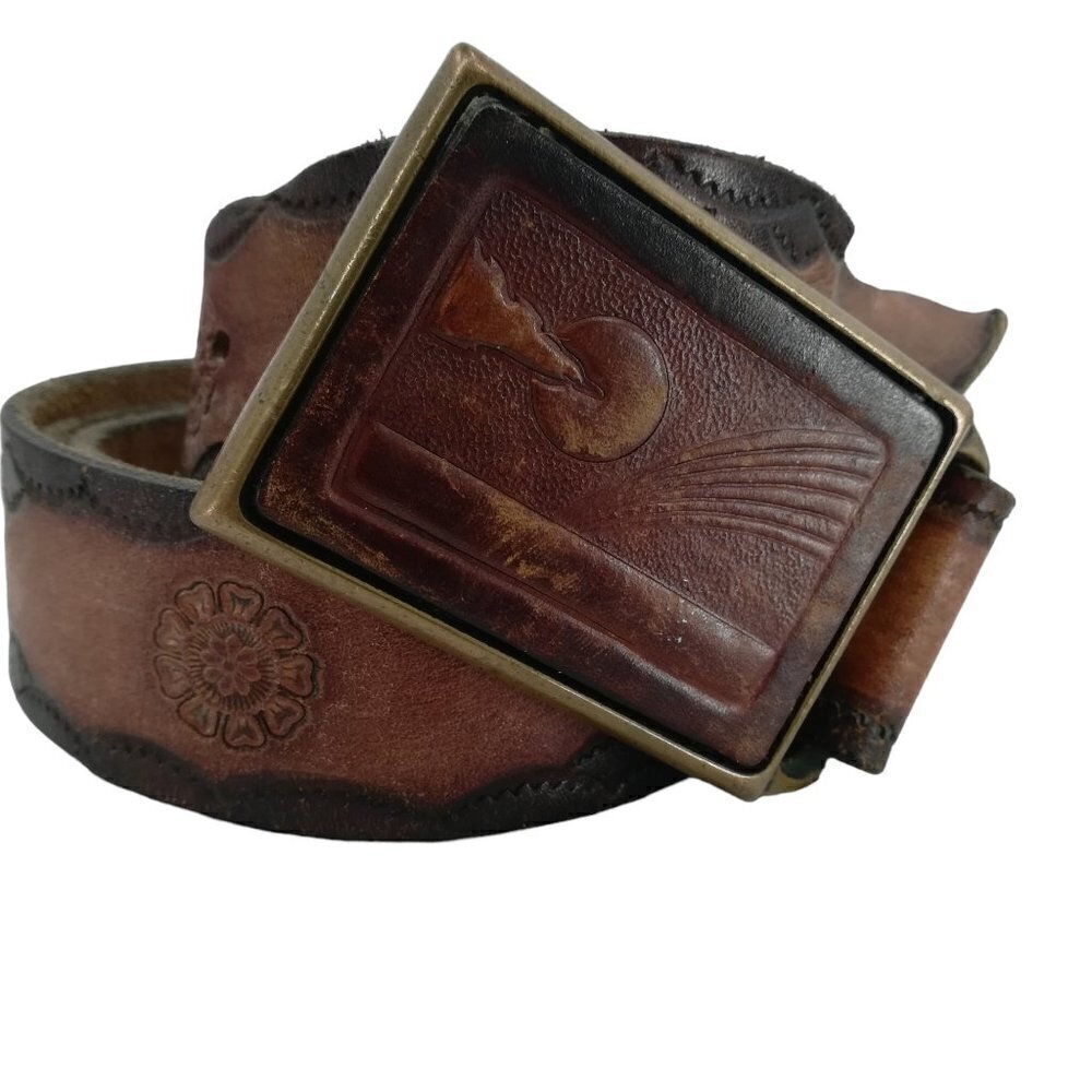 Vintage Tech Ether Solid Brass Leather Tooled Belt Buckle Size 4XL 52" Brown Sun